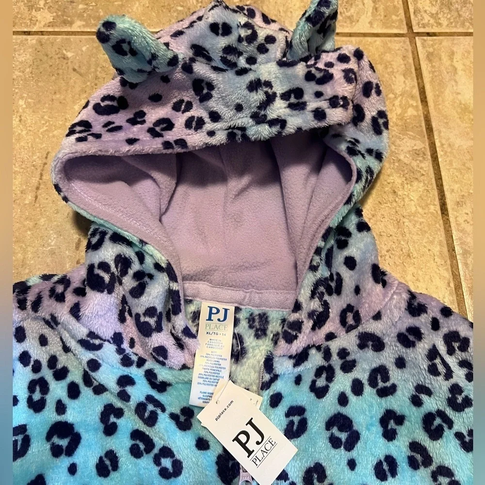💜The Children's Place Girls Leopard cozy fleece sleepwear Onesie-SZ XL(14) NWT